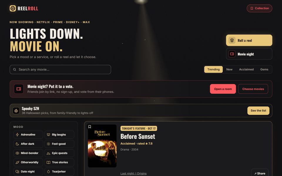 ReelRoll home page: movie search, Roll a reel and Movie night buttons, a group vote banner, the Spooky SZN list, mood filters and tonight's feature