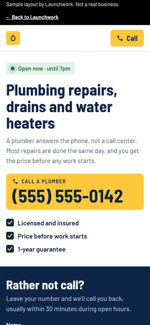 The plumbing sample on a phone: a big tap-to-call number