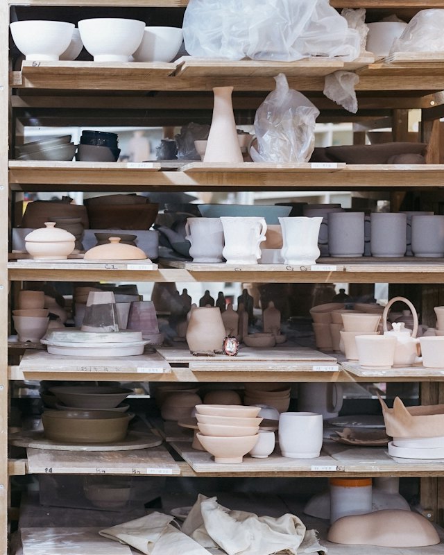 Shelves of finished pieces