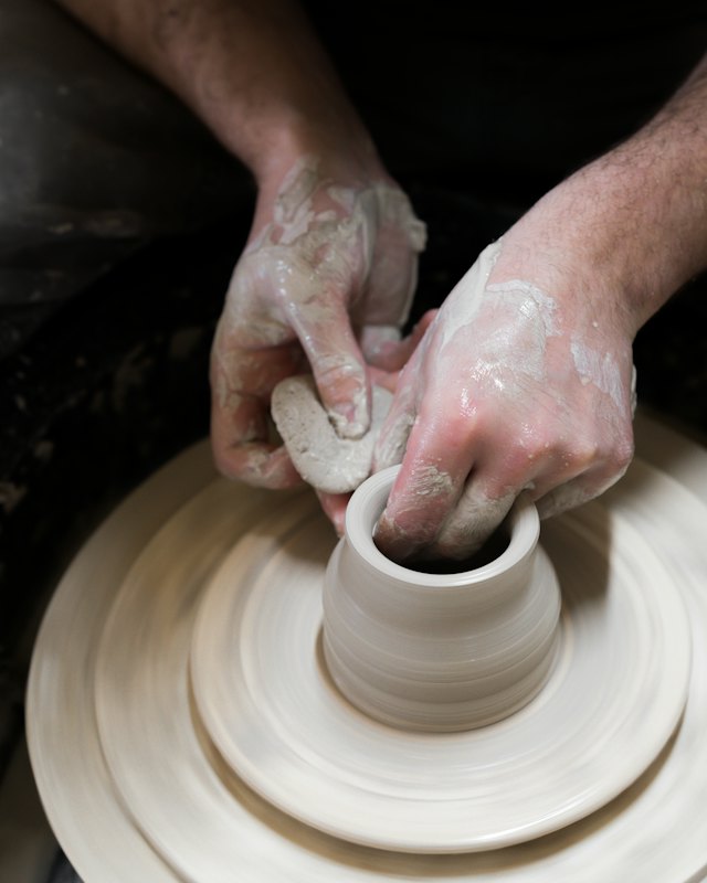 Hands throwing clay on the wheel