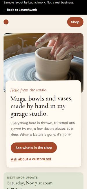 The pottery shop sample on a phone: hands at the wheel and a note from the maker