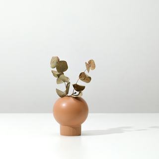 A small round red clay vase with dried stems