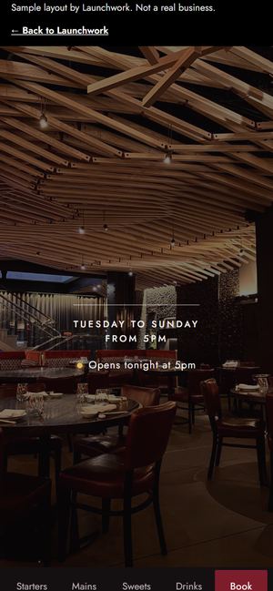 The bistro sample on a phone: the dining room, the name and tonight's hours
